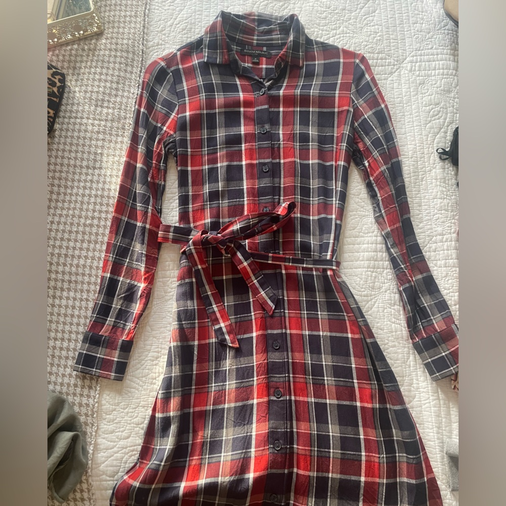 Plaid Button-Front Shirt Dress with Tie Waist - Red & Navy